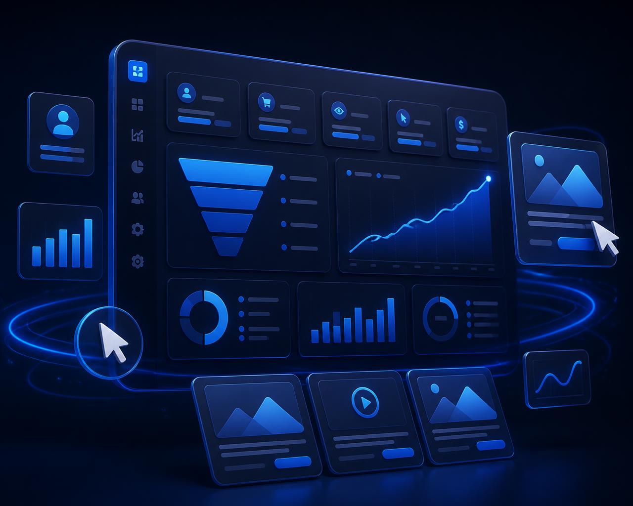 3D advertising dashboard with campaign performance cards, funnel and growth curve