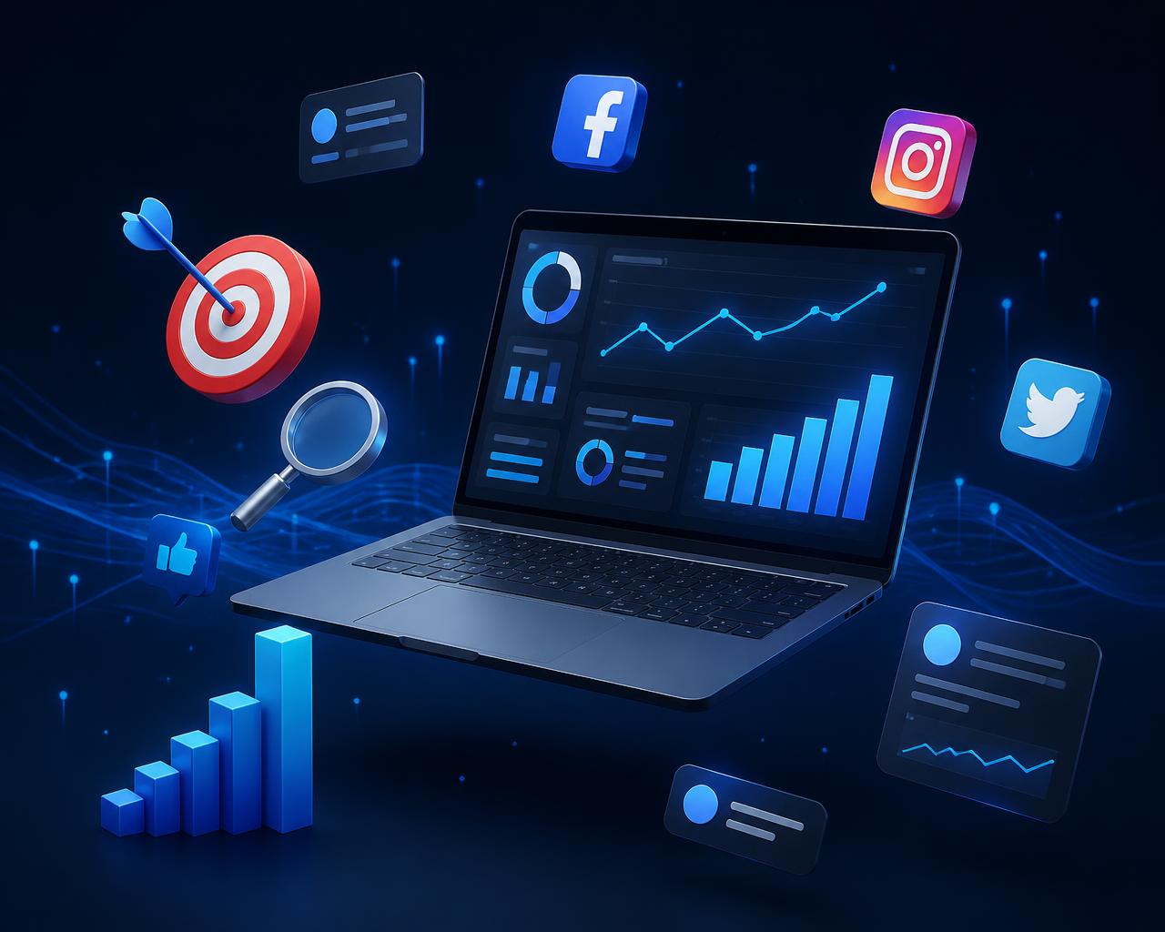 3D digital marketing dashboard with laptop, growth chart, social media and search icons