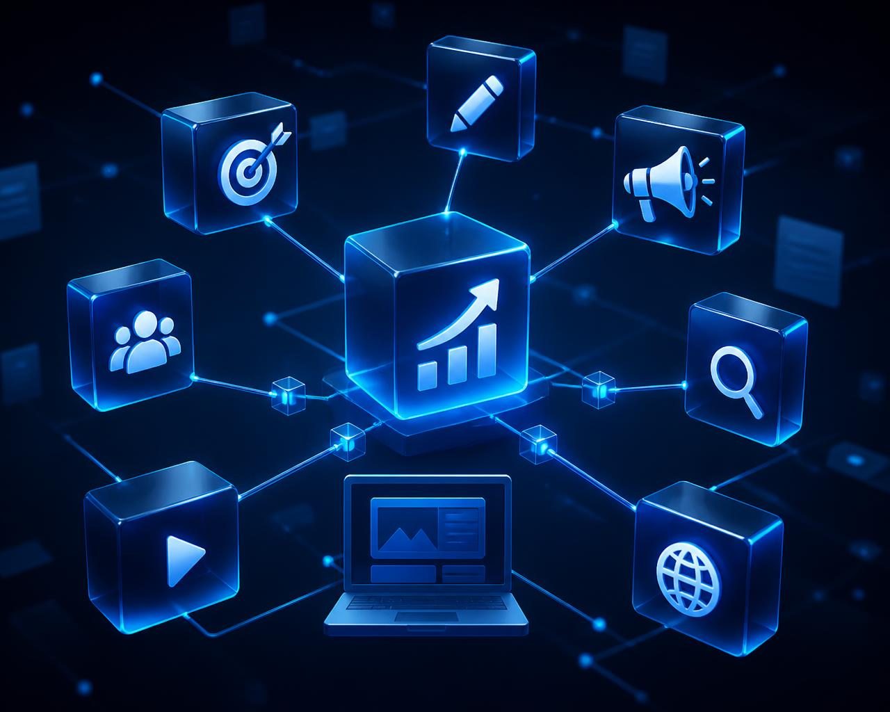 3D network of glowing cubes connecting branding, content, ads, SEO and growth