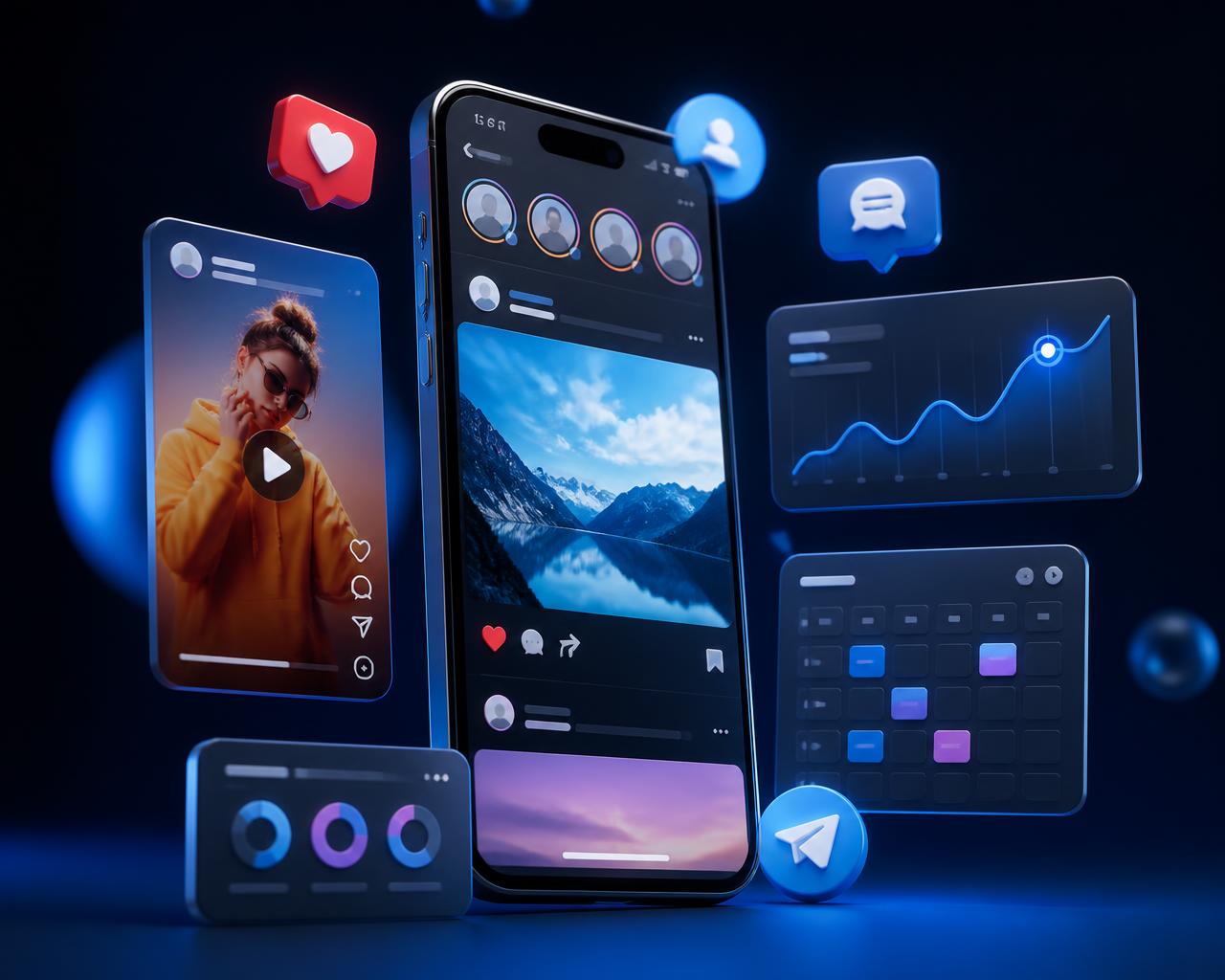Floating 3D social media feed cards, reels, likes and engagement graph